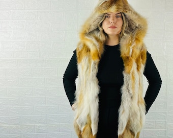 Luxurious Red Canadian Fox Fur Vest Hooded - Luxurious Winter Coat - Handcrafted Elegant Outerwear - Ethically and Organically Fox Fur