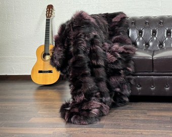 EXCLUSIVE Real FOX FUR Throw Blanket Black Purple • Large Area Rug  • Genuine Fur Rug  • Ethically Farmed Fox Fur  • Scandinavian Decor