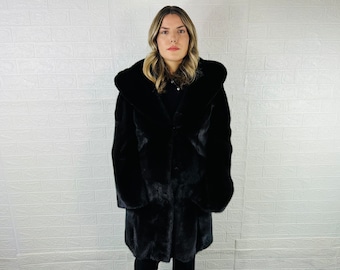 LUXURY Real Black Pelt Mink Fur Coat for Women with Hood • Personalized Mink Fur Coat • Winter Vintage Fur Coat