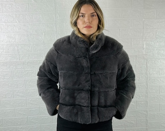 EXCLUSIVE Real Gray Pelt MINK Fur Jacket for Women with collar • Personalized Mink Fur Coat • Winter Vintage Fur Jacket
