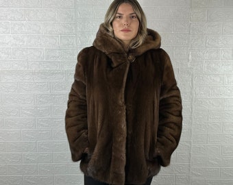 LUXURY Real Brown Pelt Mink Fur Coat for Women with Hood • Personalized Mink Fur Coat • Winter Vintage Fur Coat