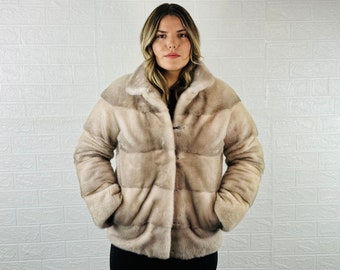EXCLUSIVE Real Beige Pelt Mink Fur Jacket for Women with collar • Personalized Mink Fur Coat • Winter Vintage Fur Jacket