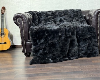 Real Rabbit Fur Blanket Throw Black • Personalized Handmade Fur Sofa Cover n Bedspread • Vintage Rabbit fur Throw Blanket