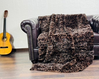 Luxurious Real Rex RABBIT Fur Blanket Throw Brown Leopard Print - Personalized Handcrafted Warm for Home - Organically Farmed Rabbit Fur