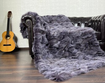 Real Purple Fox Fur Throw • Personalized Genuine Fur Throw Rug • Housewarming Gift • Handmade Vintage Fur Throw for Living Room n Bedroom