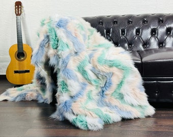 Luxury Real FOX FUR Throw Blanket Colorful • Large Area Rug  • Genuine Fur Rug  • Ethically and Organic Farmed Fox Fur  • Scandinavian Decor