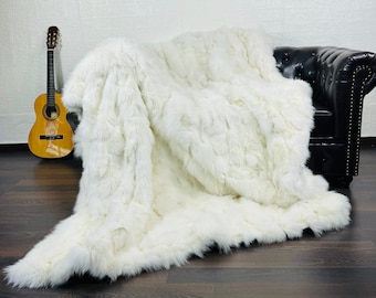 Luxury Real FOX Fur Blanket Throw White - Personalized Handcrafted Warmth for Home Decor - Organically and Ethically Farmed Fox Fur