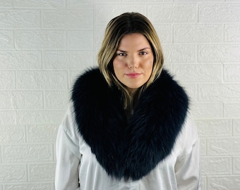 BEAUTIFUL Dark Blue FOX FUR Collar • Real Fur Collar • Real Fur Scarf • Fur Wrap • Fur Shawl