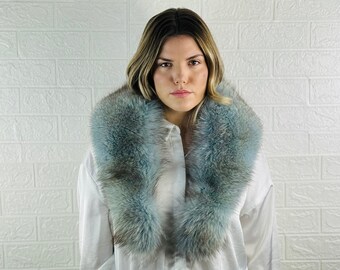 GORGEOUS Real Fox Pelt Skin Fur Collar Blue •  Genuine Fur Collar Blue Black • Real Fur Scarf • Fur Wrap • Fur Shawl
