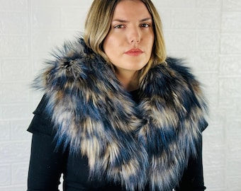Real Fox Fur Collar •  Genuine Fur Collar Blue Beige • Real Fur Scarf • Fur Wrap • Fur Shawl