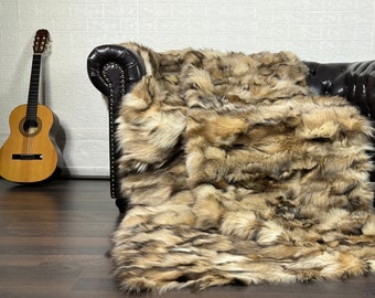 Real Beige Fox Fur Throw • Personalized Genuine Fur Throw Rug • Housewarming Gift • Handmade Vintage Fur Throw for Living Room n Bedroom