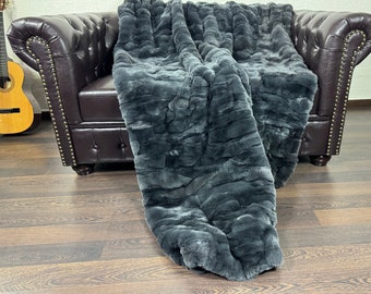 GORGEOUS Real Gray Rex RABBIT FUR Throw • Large fur Area Rug • Rabbit Fur Rug • Ethically and Organic Farmed Rabbit Fur • Scandinavian Decor
