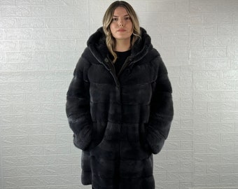 EXCLUSIVE Real Gray Pelt Mink Fur Coat for Women with Hood • Personalized Mink Fur Coat • Winter Vintage Fur Coat