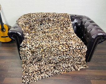 Luxurious Real Rabbit Fur Blanket Throw Leopard Print  Color- Personalized Handcrafted Warmth for Your Home Decor