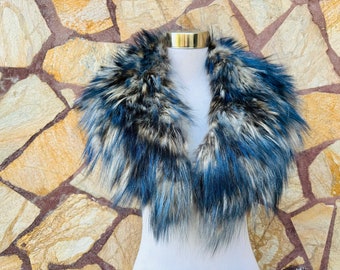 Real Fox Fur Collar •  Genuine Fur Collar Blue Beige • Real Fur Scarf • Fur Wrap • Fur Shawl