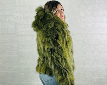 Luxurious Real Fox Fur Jacket for Women and Men Green •  Personalized Stylish Winter Fashion • Ethically and Organically Farmed Fox Fur