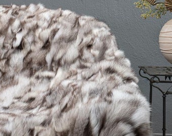 Real fox fur throw blanket natural luxurious bedspread for living room and bed decor