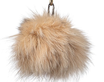 Beige Real Fox Fur Pom Pom Keychain - Handmade Fur Ball Keyrings For Car or House Keys & Bags | Women Accessories For Birthdays Gift