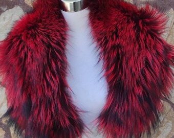 Gorgeous fluffy fox fur collar scarf red and black detailing, handmade warm fur stole, elegant soft fur wrap made of full skin fox