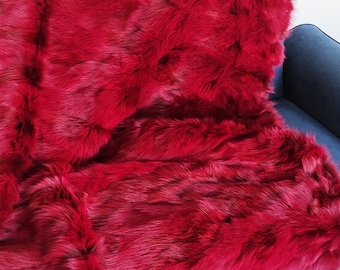 Red Real fox fur throw blanket, elegant bedspread & fox fur rug for living room and bedroom design, ethically and organically farmed fox