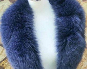 Elegant soft fox fur collar scarf blue, detachable fluffy fur wrap, luxury warm fur stole