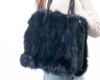 Fur bags, fur shoulder bag , blue fur bag