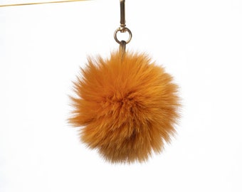 Orange Real Fox Fur Pom Pom Keychain - Handmade Fur Ball Keyrings For Car or House Keys & Bags | Women Accessories For Birthdays Gift