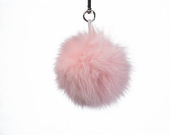 Pink Real Fox Fur Pom Pom Keychain - Handmade Fur Ball Keyrings For Car or House Keys & Bags | Women Accessories For Birthdays Gift