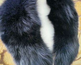 Gorgeous blue black fox fur collar scarf handmade warm fur stole elegant soft fur shawl