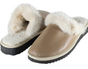 Fur Sheepskin Leather Slippers Camel for Women • Cozy Warm House Wool Slippers  •  Handmade genuine leather slippers