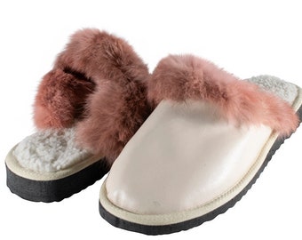 Fur Sheepskin Leather Slippers Powder for Women • Cozy Warm House Wool Slippers  •  Handmade genuine leather slippers
