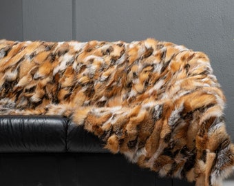 Real DOUBLE SIDED Fox Fur Throw • Personalized Genuine Fur Throw Rug • Housewarming Gift • Handmade Vintage Fur Throw for Living Room
