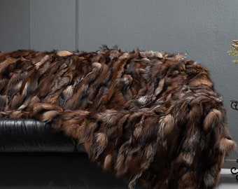 Real DOUBLE SIDED Crystal Fox Fur Throw  Personalized Genuine Fur Throw Rug • Housewarming Gift • Handmade Vintage Fur Throw for Living Room