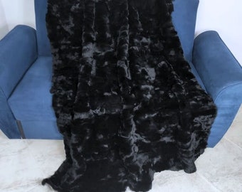 Real Rabbit Fur Blanket Throw Black • Personalized  Handmade Fur Sofa Cover n Bedspread • Vintage Rabbit fur Throw Blanket