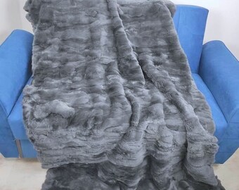 Real Rex Gray Rabbit Fur Blanket Throw •  Personalized  Handmade Fur Sofa Cover n Bedspread • Vintage Rabbit Fur Throw Blanket