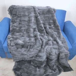 Real Rex Gray Rabbit Fur Blanket Throw •  Personalized  Handmade Fur Sofa Cover n Bedspread • Vintage Rabbit Fur Throw Blanket
