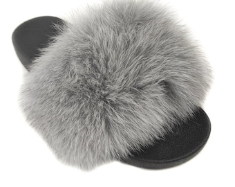 Fur slides, fur slippers, fox fur slides, fluffy slides