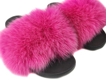 Fur slides, fur slippers, fox fur slides, fluffy slides