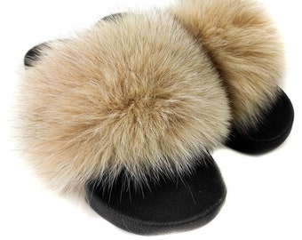 Fur slides, fur slippers, fox fur slides, fluffy slides
