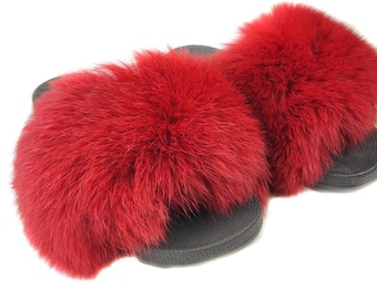 Fur slides, fur slippers, fox fur slides, fluffy slides