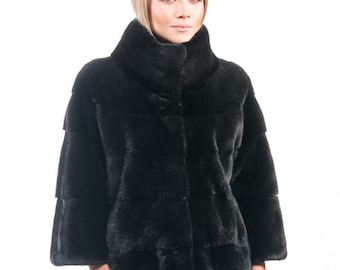 GORGEOUS Real Black Mink Pelt Fur Jacket Collared for Women • Personalized Mink Fur Coat • Timeless Style and Elegance