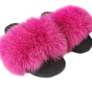 Fur slides, fur slippers, fox fur slides, fluffy slides