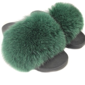 Fur slides, fur slippers, fox fur slides, fluffy slides