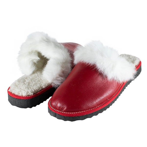 Fur Sheepskin Leather Slippers Red for Women • Cozy Warm House Wool Slippers  •  Handmade genuine leather slippers