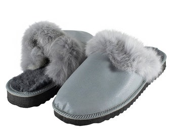 Fur Sheepskin Leather Slippers Gray for Women • Cozy Warm House Wool Slippers  •  Handmade genuine leather slippers