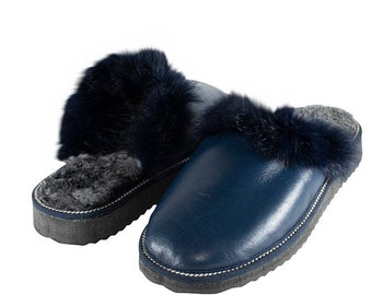 Fur Sheepskin Leather Slippers Blue for Women • Cozy Warm House Wool Slippers  •  Handmade genuine leather slippers