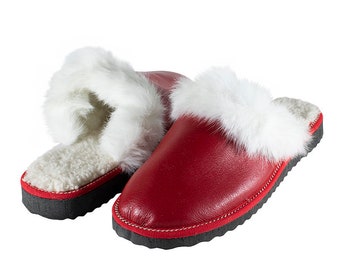 Fur Sheepskin Leather Slippers Red for Women • Cozy Warm House Wool Slippers  •  Handmade genuine leather slippers