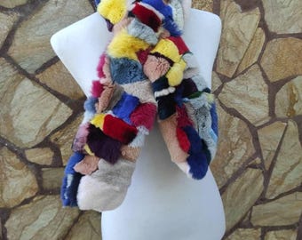 Real Rex Rabbit Fur Colorful Scarf with Hole in middle Luxury Neck Wrap Multicolor