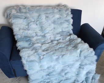 Real Blue Fur Blanket • Personalized Fox Fur Blanket Throw • Handmade Genuine Fur Blanket • Fur Bedspread n Sofa Cover