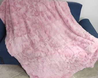Real Pink Rex Rabbit Fur Blanket Throw • Personalized Housewarming Gift Sofa Cover n Bedspread •  Handmade Genuine Fur